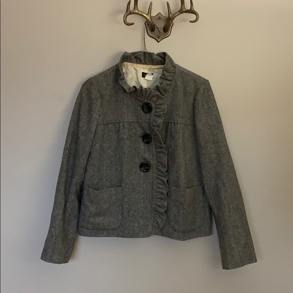 J. Crew Factory Jackets & Blazers - J. Crew Button Front Houndstooth Wool Silk Lined Coat with Ruffle!
